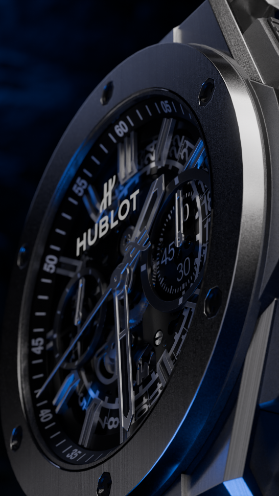 Macro detail of Hublot watch 3D render showing brushed titanium material