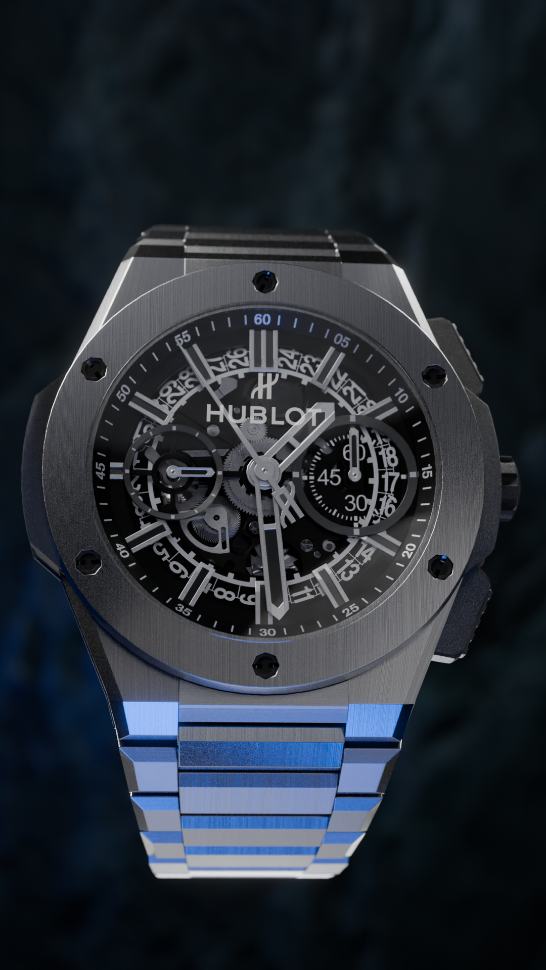 Macro detail of Hublot watch 3D render showing brushed titanium material