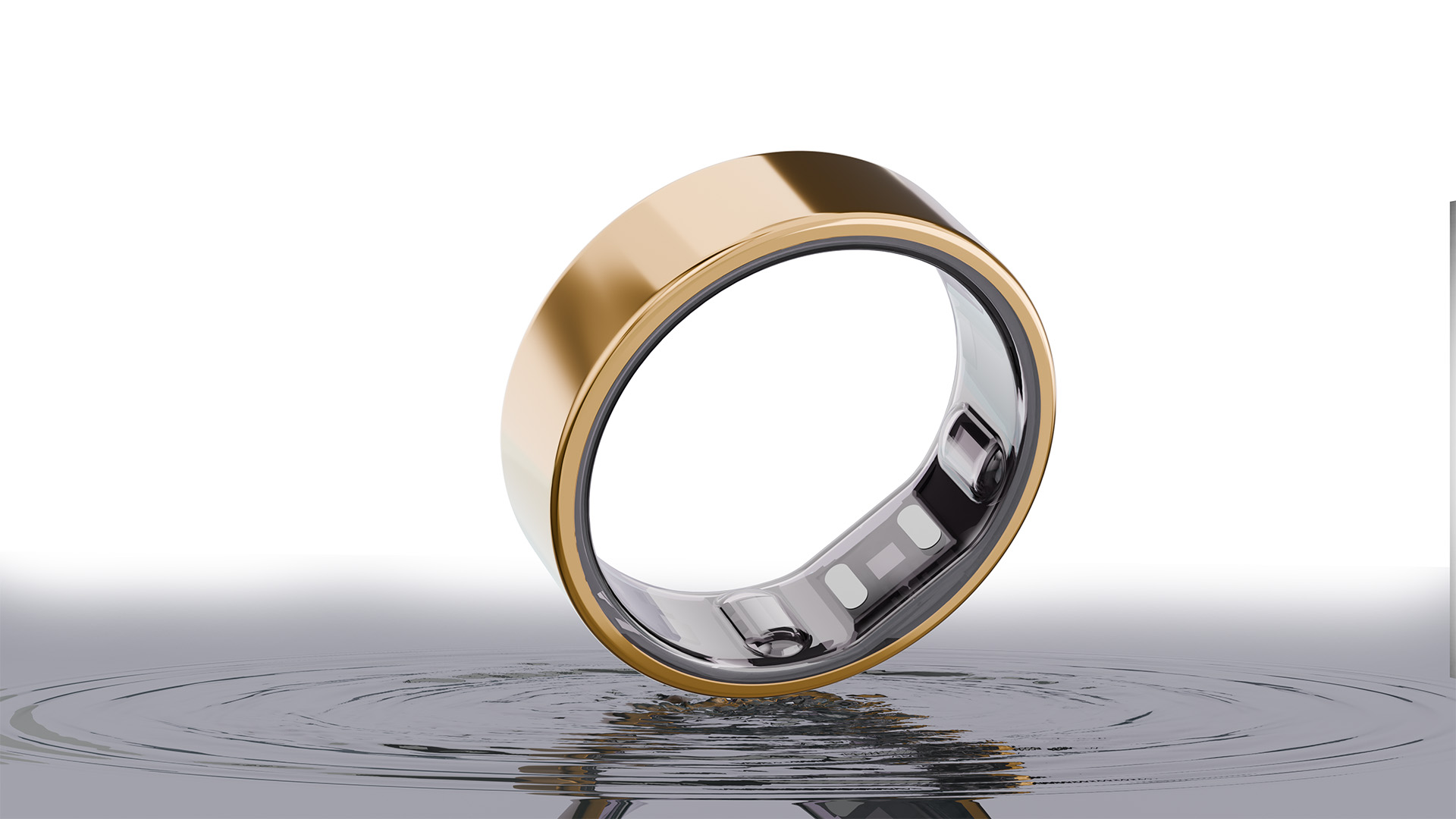 Gold Reebok Smart Ring 3D render with water ripple effect