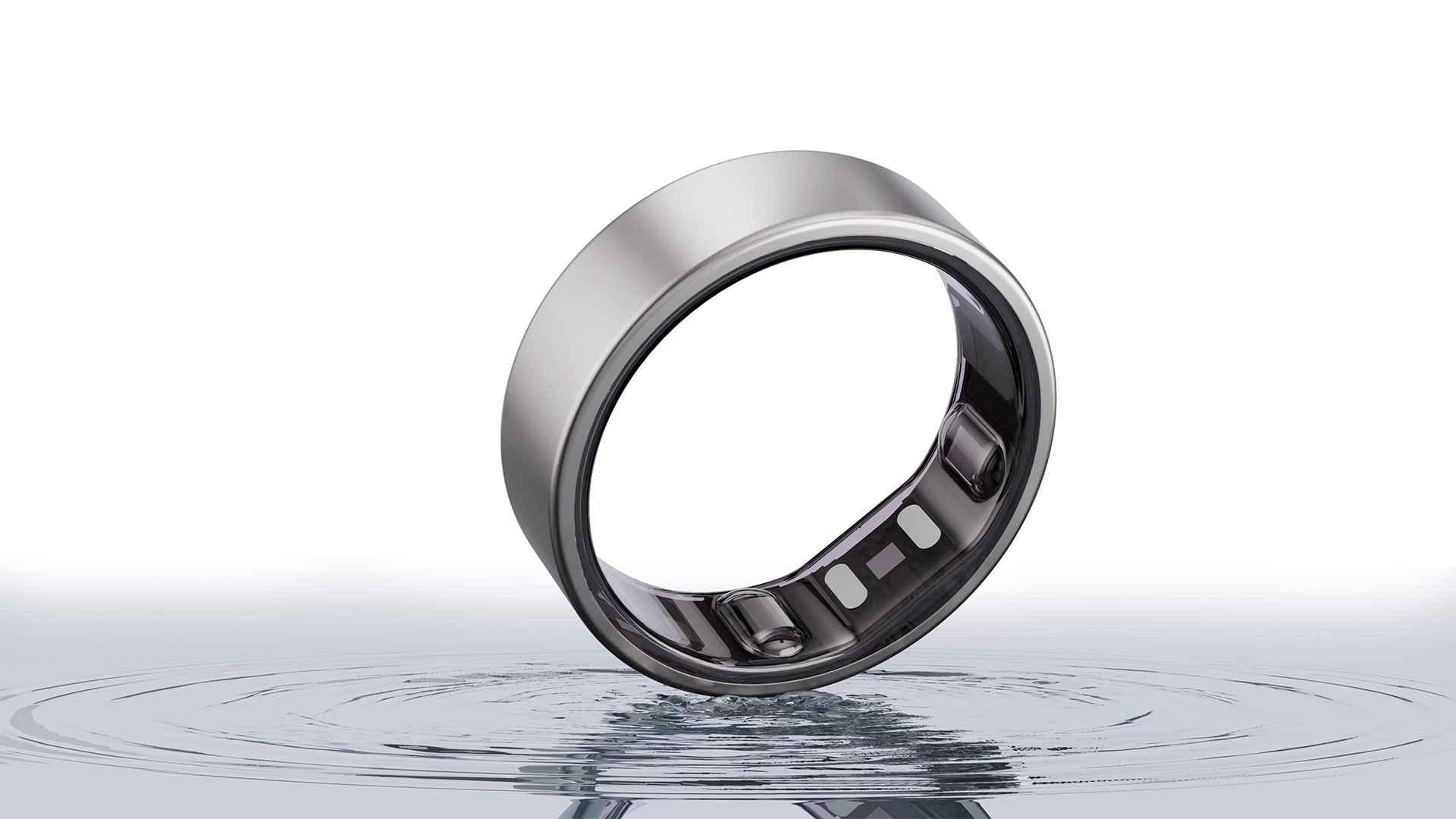 Silver Reebok Smart Ring 3D render on water ripple surface